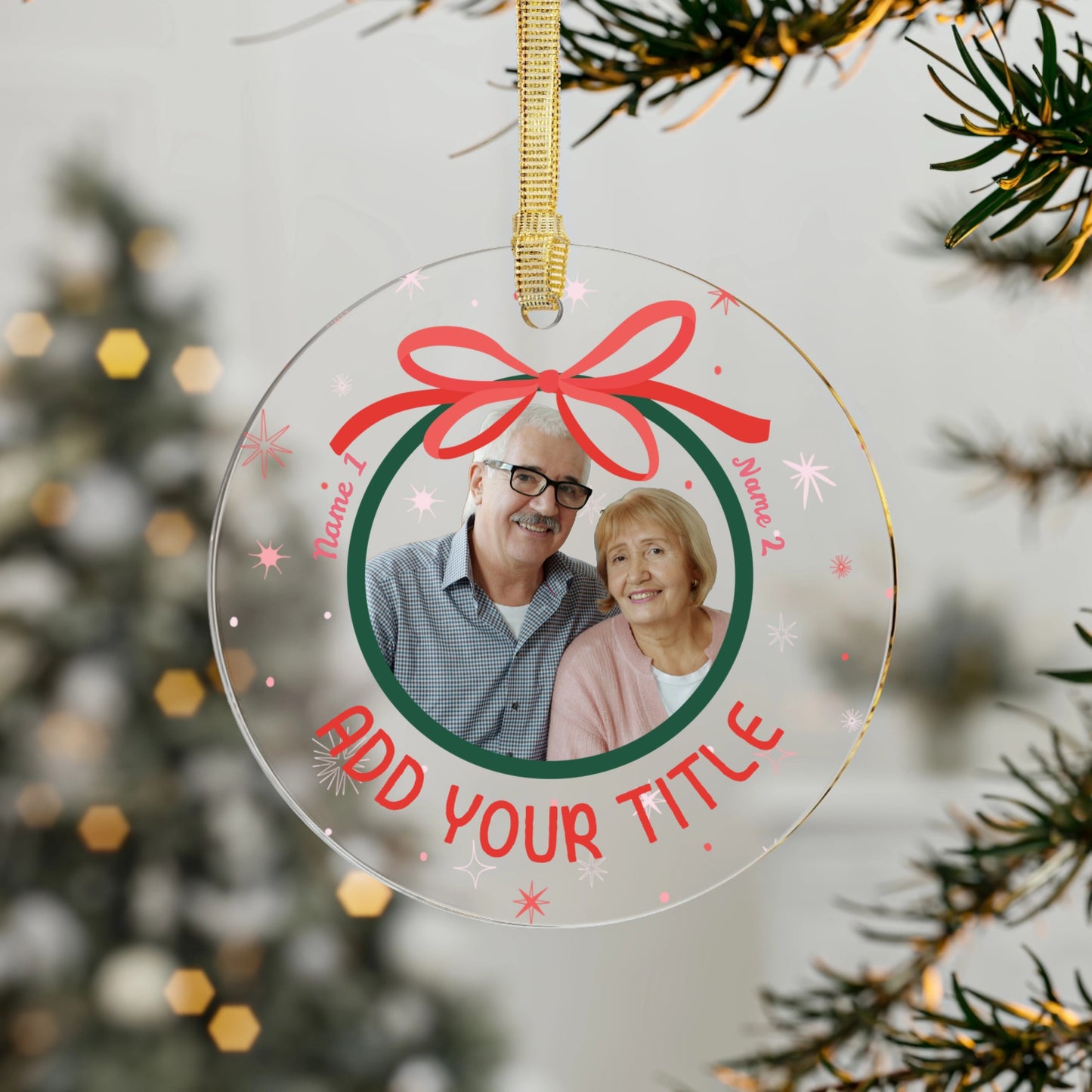 Personalized Christmas ornament with a photo of an older couple and text space for names and title, hanging on a tree.