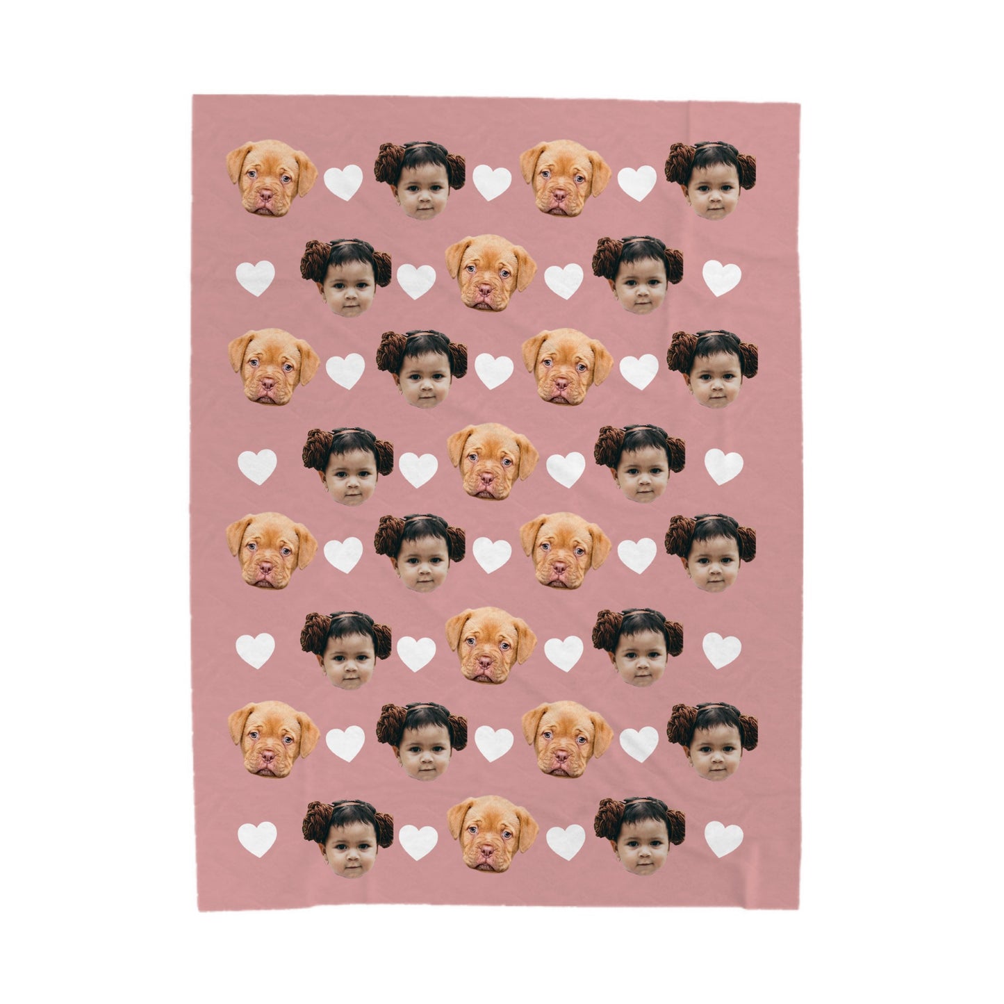 Custom face blanket of dog and child faces with hearts on a pink background