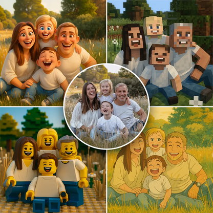 Collage of a family in various AI styles