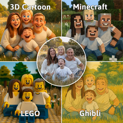 Collage of family photos with different cartoon styles labeled '3D Cartoon', 'Minecraft', 'LEGO', and 'Ghibli'.