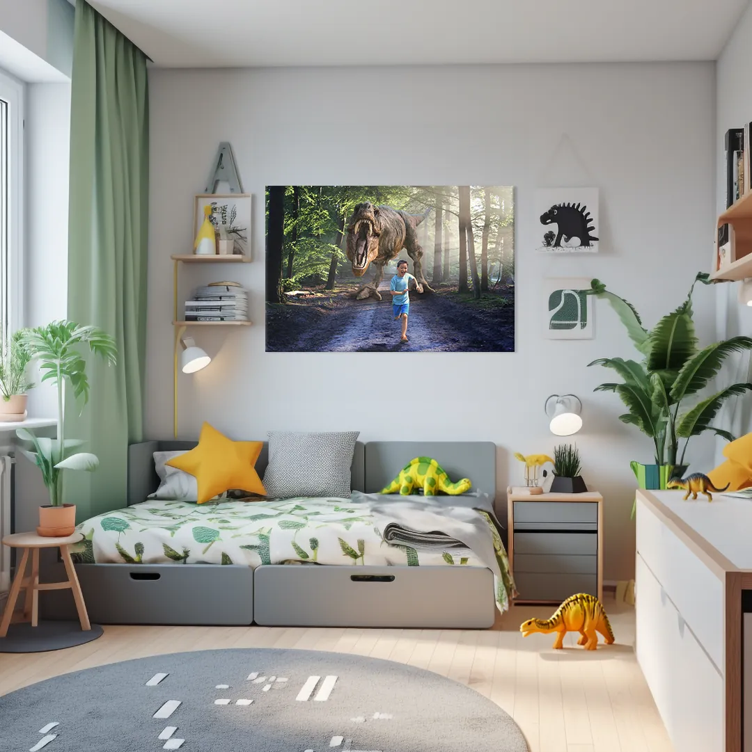 Dinosaur room decor hanging in bedroom