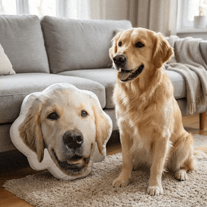 dog playing with custom pillow shaped like his head in living room