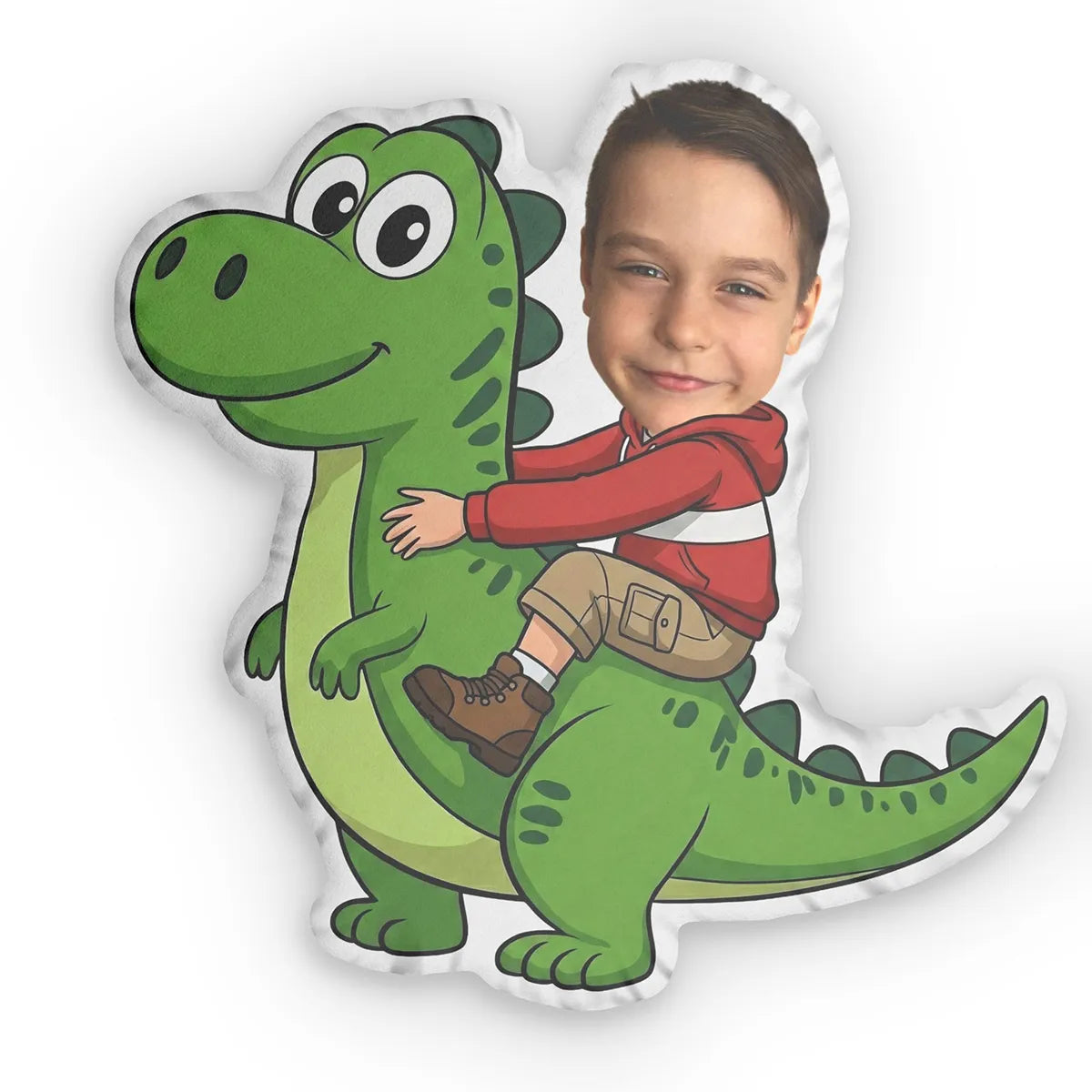 Front image of custom shaped pillows riding dinosaur