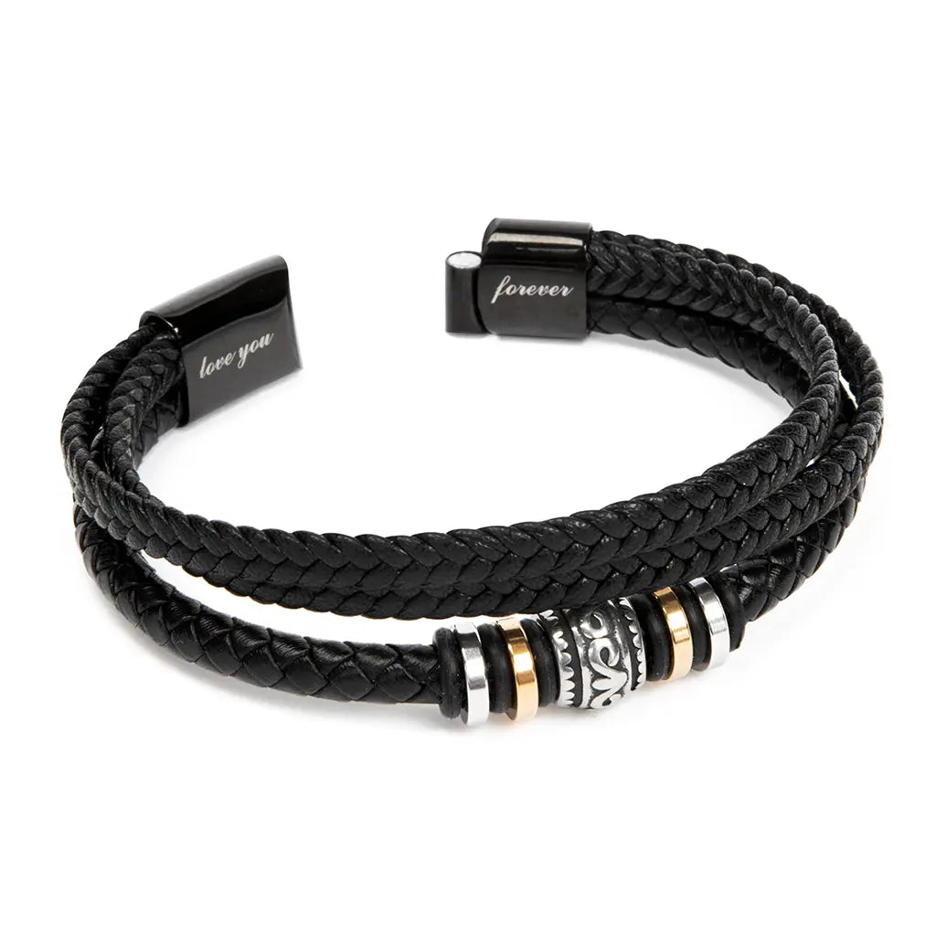 Black braided leather bracelet with metal beads on a white background