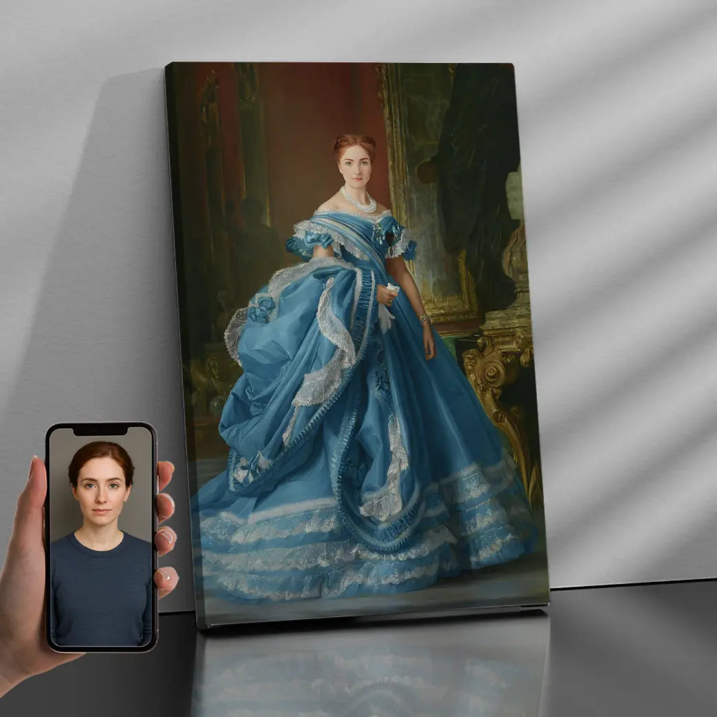 Custom royal queen portrait canvas mockup with hand 