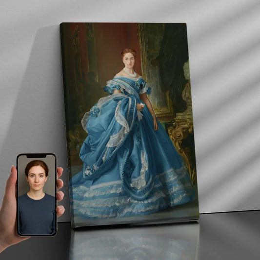 Custom royal queen portrait canvas mockup with hand 