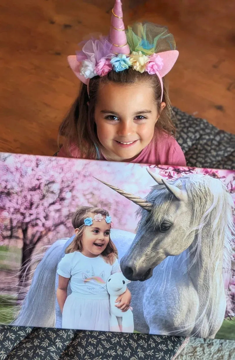 Girl holding Custom unicorn portrait close up
