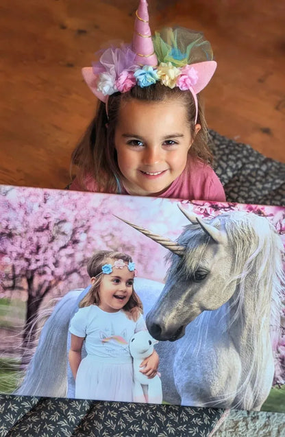 Girl holding Custom unicorn portrait close up