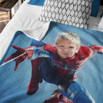 close up of personalized Spiderman blanket
