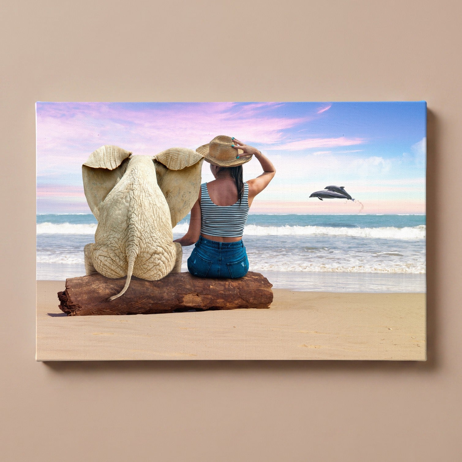 Personalized elephant on the beach portrait canvas