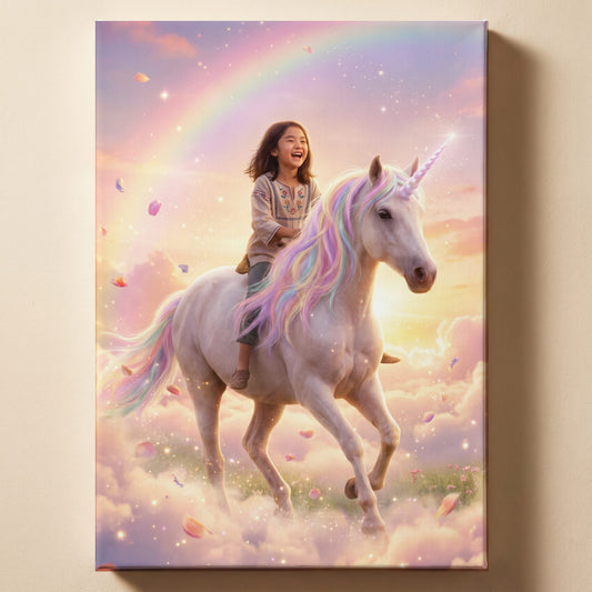 Personalized unicorn rider artwork shown on canvas