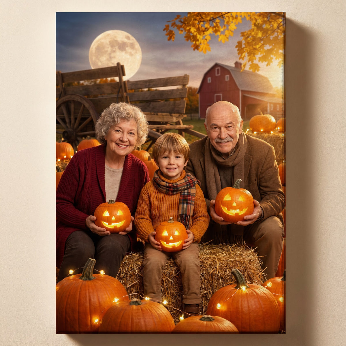 Personalized pumpkin patch autumn artwork shown on canvas