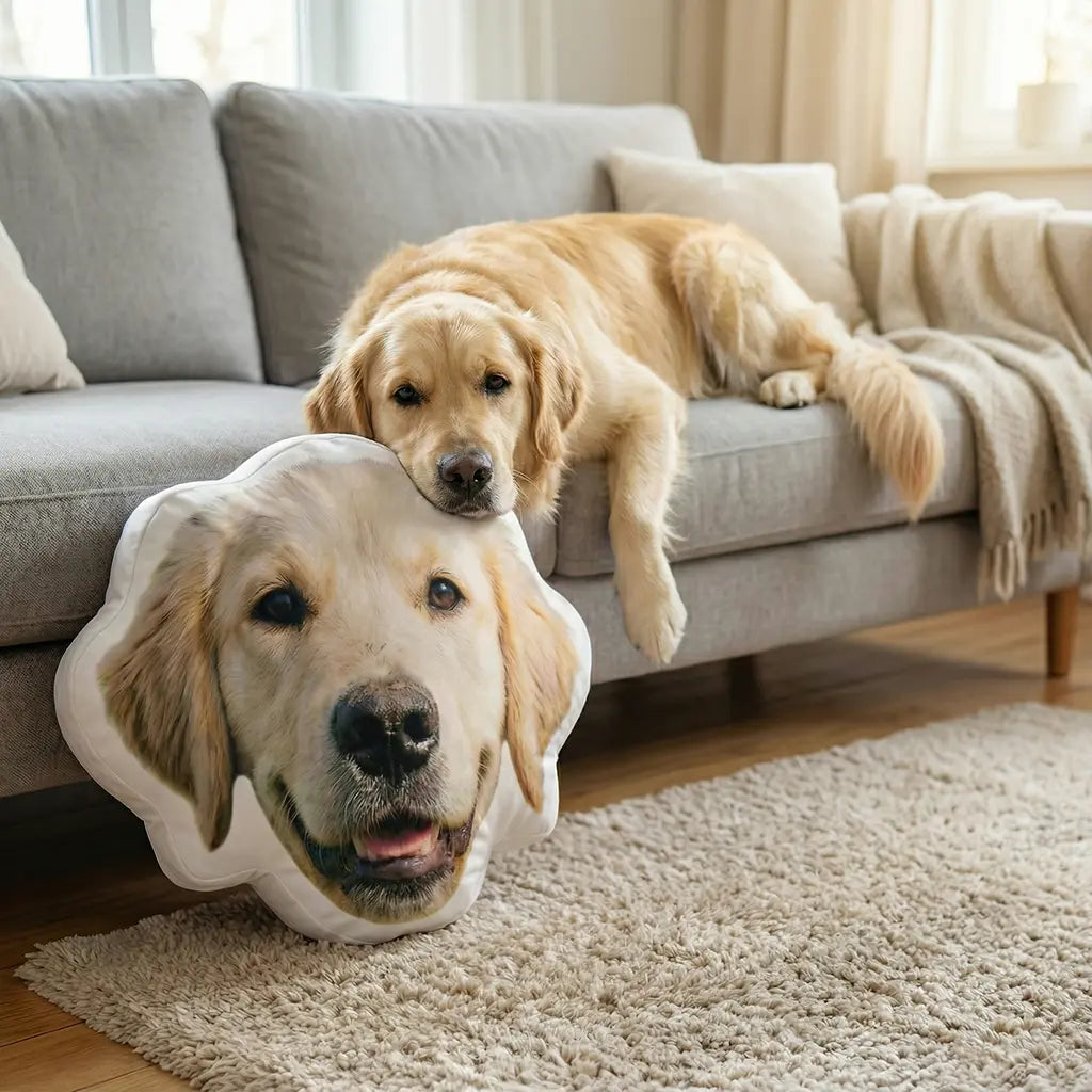 Dog lying on a couch with a pillow shaped like its face in a living room.