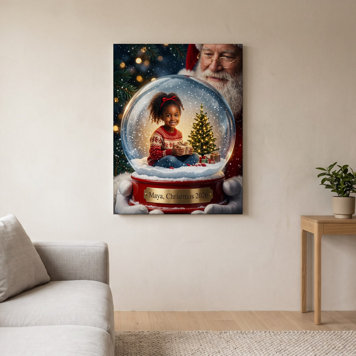 Personalized Christmas snow globe portrait shown on canvas