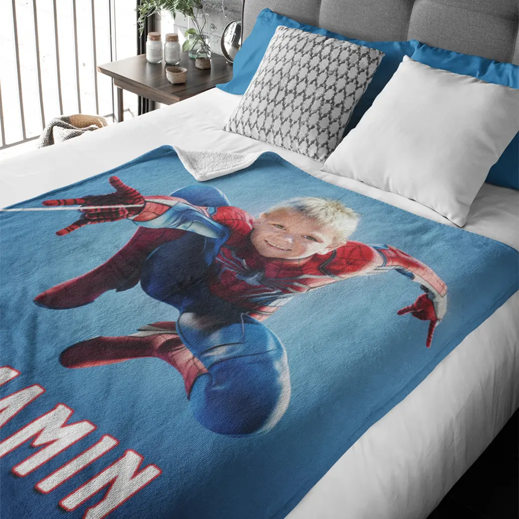 personalized Spiderman blanket on bed