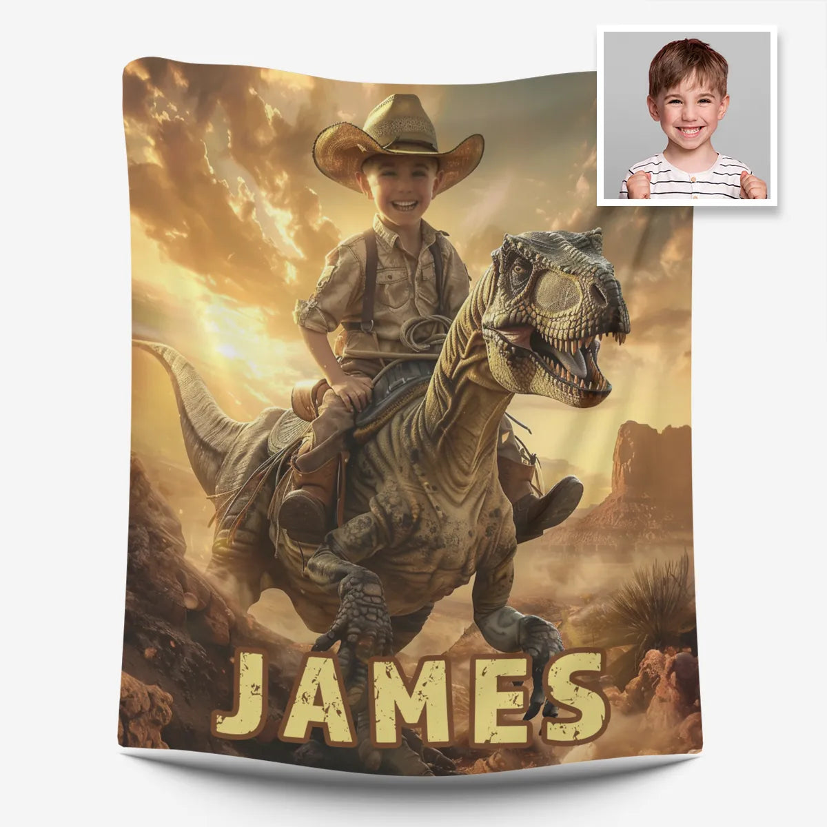 Personalized blanket with a child riding a dinosaur and the name 'James' on a desert landscape background.